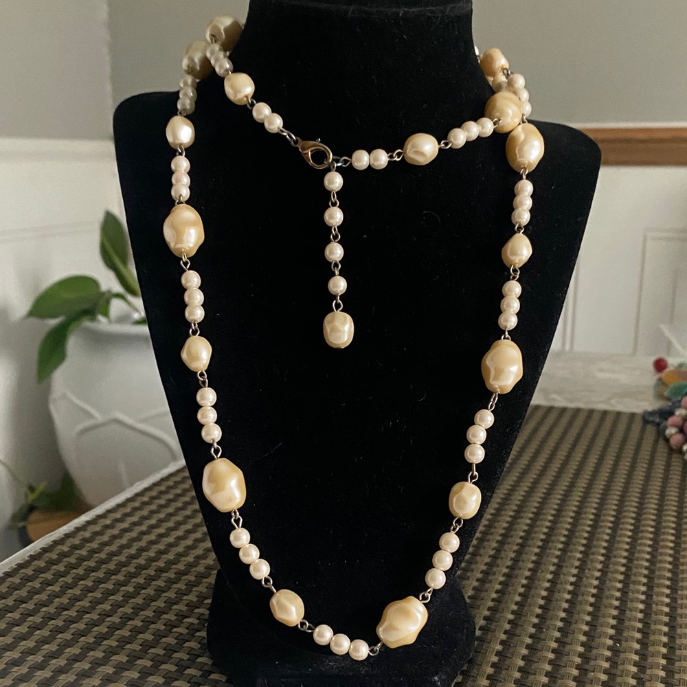 Cream faux Pearl Beaded Long Necklace with Adjustable Drop